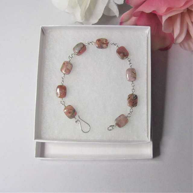 Rhodocrosite small tile bead bracelet