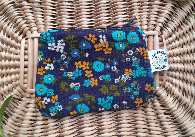 Mini pochette/porte-monnaie bleu nuit fleurs
