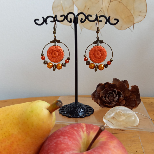 Parure orange et bronze - Boucles d&#039;oreille orange clair créoles