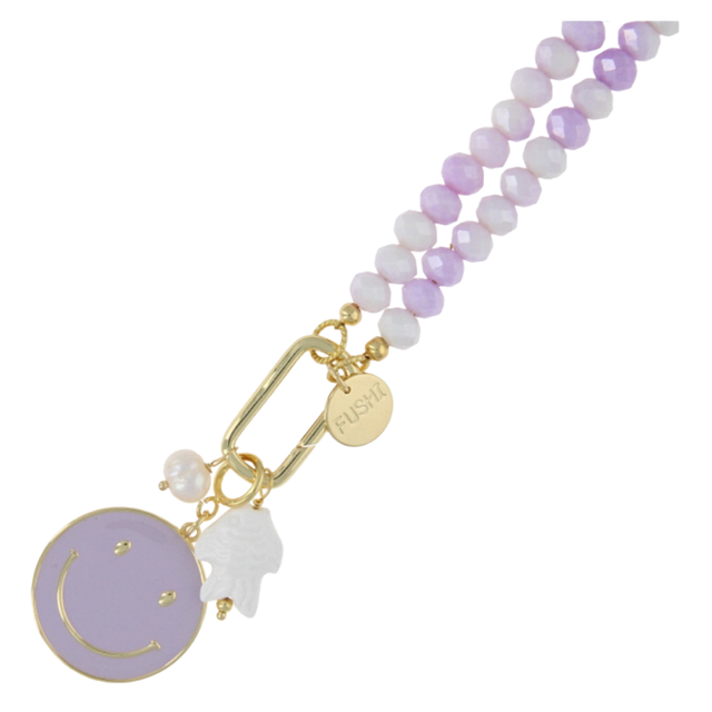 FUSHI Ketting 8mm glaskralen facet wit/lila met clip en bedels