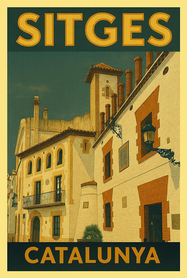 Calles encantadoras de Sitges, Catalunya. Calle del casco antiguo de Sitges Póster de viaje vintage.