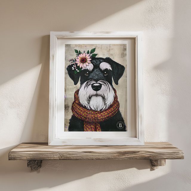 Schnauzer Dog In Floral Mixed Media Art Print A4
