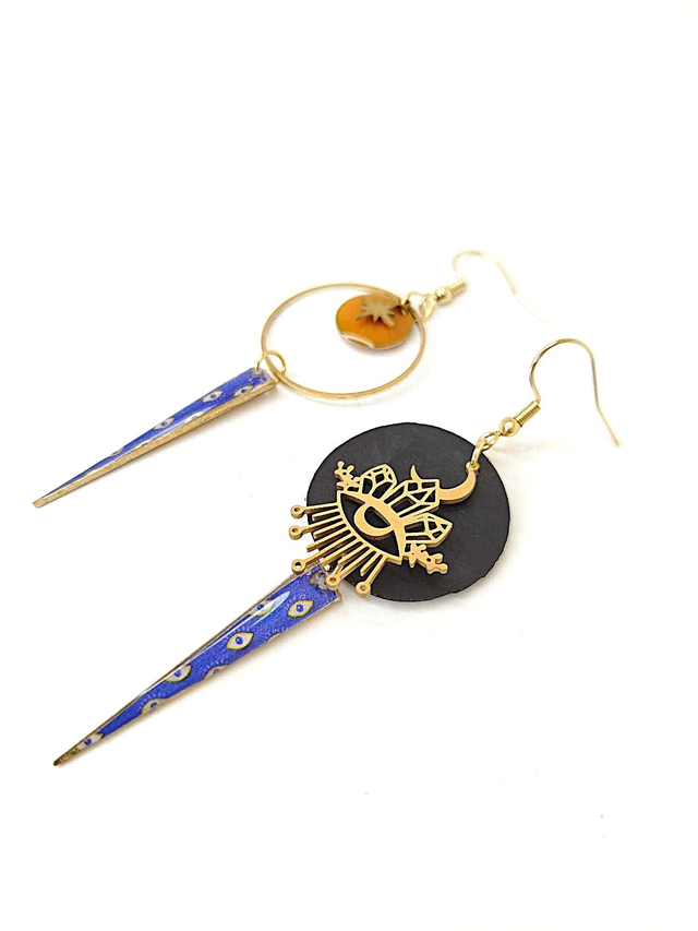 Boucles d'oreilles Asymétriques Upcyclées en Chambre à Air et Papier Recyclés - Œil Protecteur 