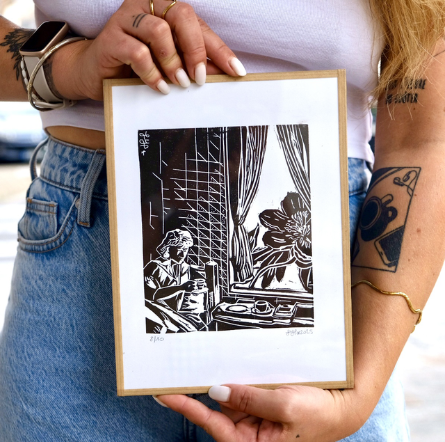 Linogravure « Matinée » Format 18x24 cm sous verre finition kraft gommé