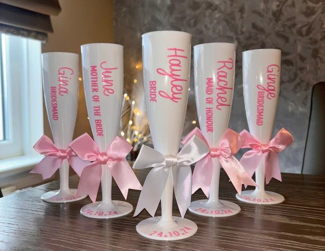 Personalised White Plastic Champagne Flute set with Bow 