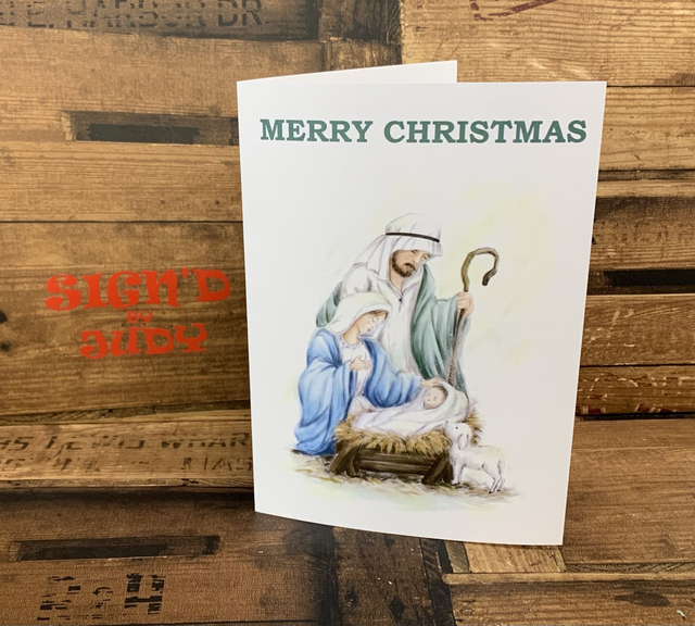 Merry Christmas card with mary and joseph