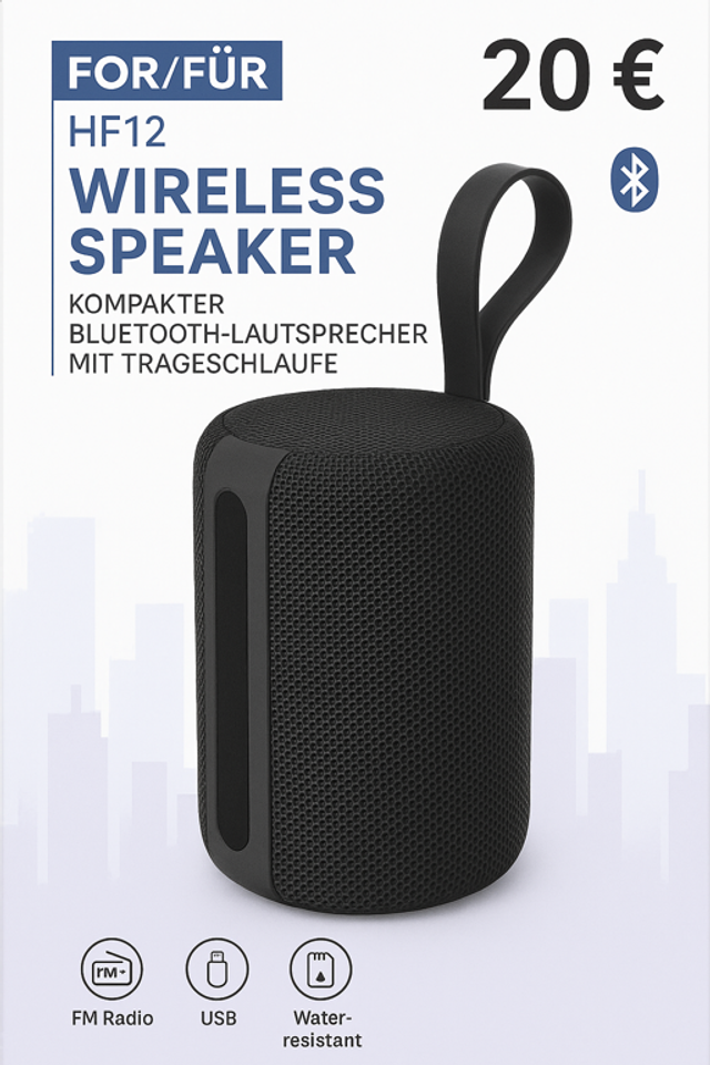 HF12 Wireless Speaker – Kompakter Bluetooth-Lautsprecher mit Trageschlaufe