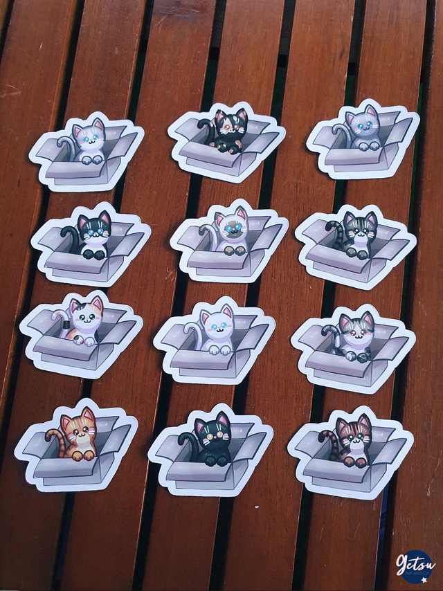 Stickers 12 chats dans des cartons, à choisir