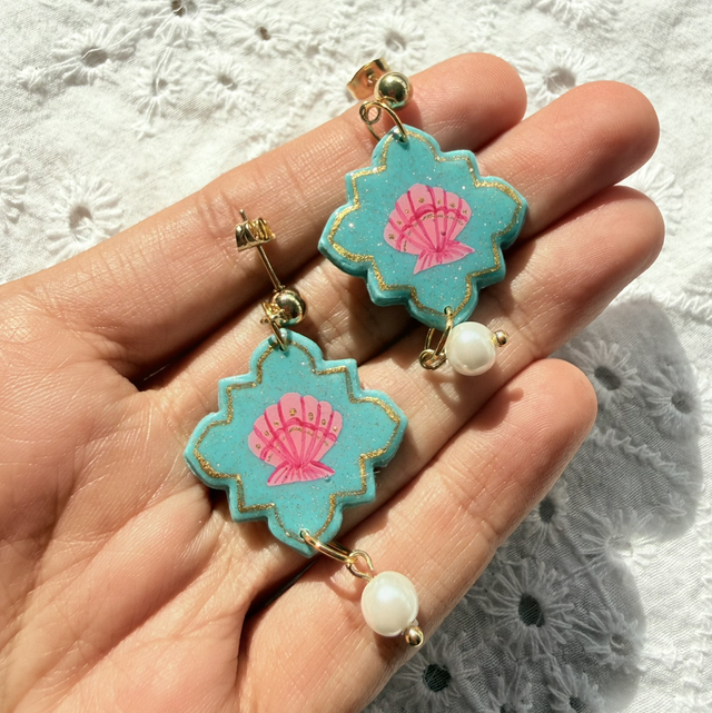 Pink Seashell Teal Tile Shaped Pearl Drop Earrings