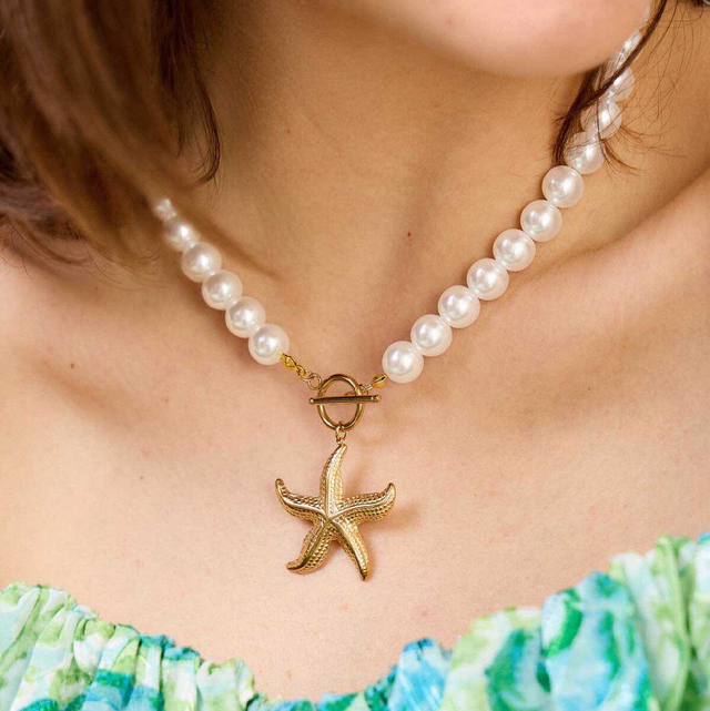 Collier étoile de mer en perle et acier 