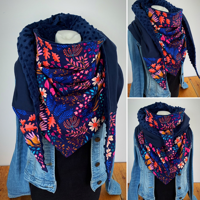 Maxi Chèche Happy Bliss rose et bleu doublée en polaire minky bleu marine 