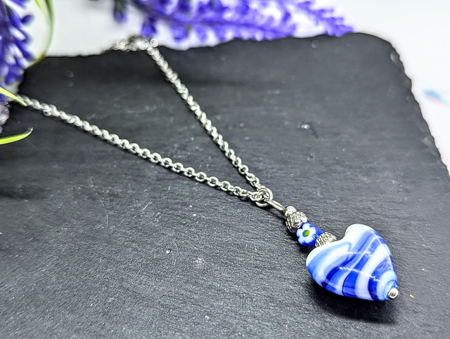Stainless Steel Necklace with Blue &amp; White Murano Glass Heart Pendant 