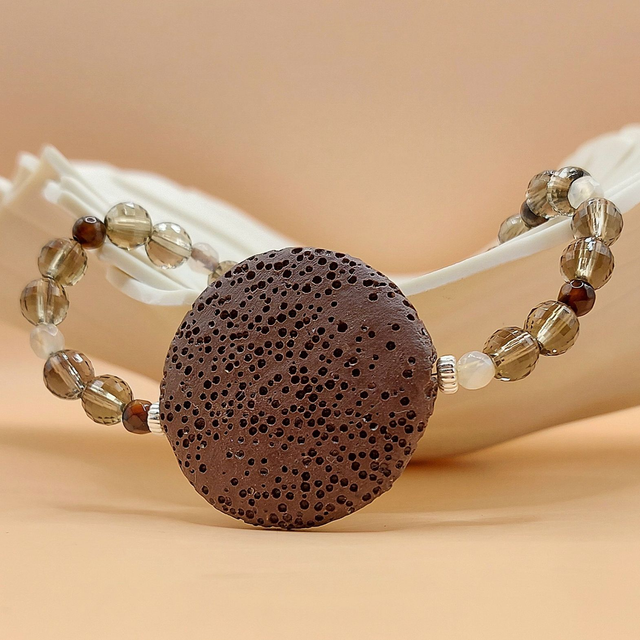 Lava (brown), smoky quartz, agate and sterling silver beaded bracelet