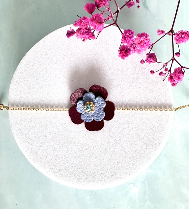 Bracelet FLORA Doré à l’Or Cuir Prune et Lavande