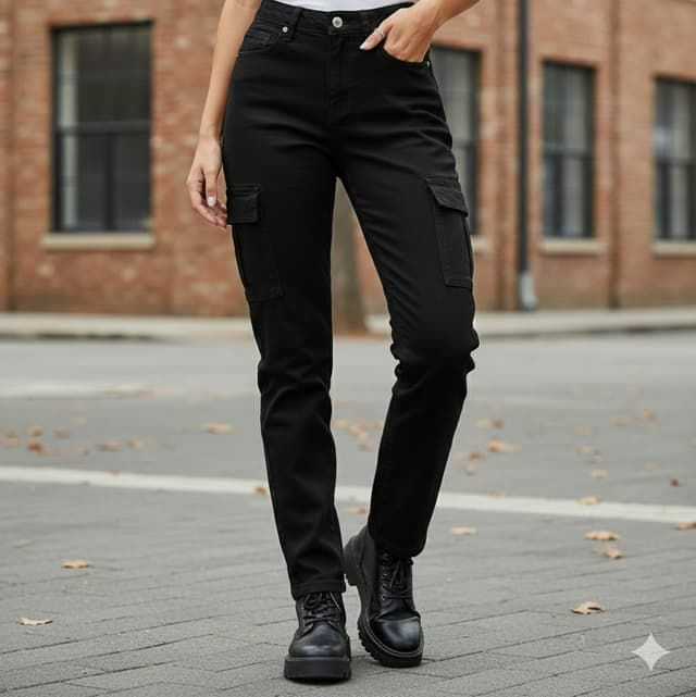 Jean Cargo Noir Femme Coupe Droite – Denim Stretch avec Poches Latérales et Taille Haute 