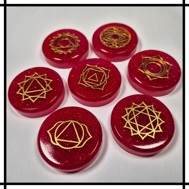 Handmade Resin Chakra Stone Set – 7 Chakra Symbols Pink & Gold | Decorative Spiritual & Mindfulness Décor - CSS-002