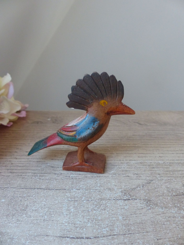 Sculptures d'un Oiseau et deux Roadrunners en Bois Sculptés et Peints à la main, Statuettes Oiseaux Décoratifs en Bois Art Populaire Vintage