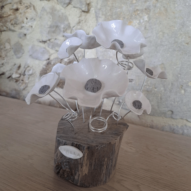 composition coquelicot blanc sur souche de bois