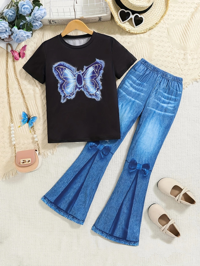 Girls Butterfly Print T-Shirt and Imitation Denim Flare Pants