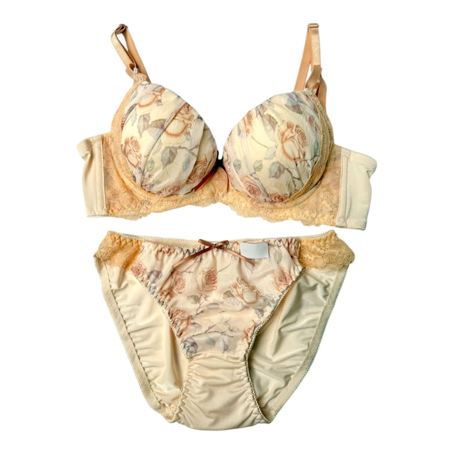 Tan Floral Japanese Bra + Underwear Set UK 34B 