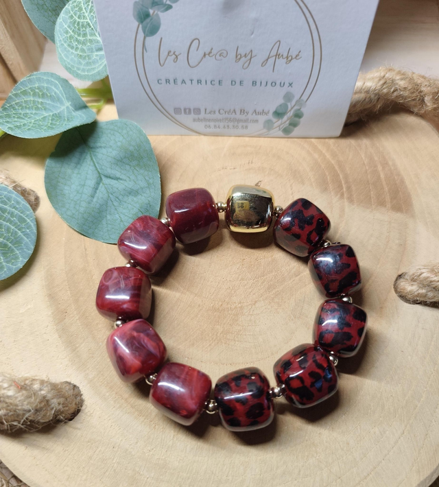 BRACELET BIG PERLES SEMI LEOPARD/BORDEAUX 0000854