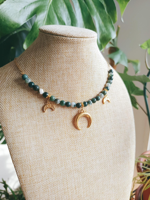 COLLIER - TRIPLE MOON (agate arbre et mousse)