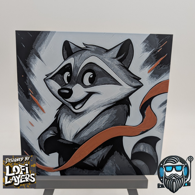 Tableau décoratif 3D Hueforge – Raton laveur stylisé – Illustration artistique – Impression 3D PLA 200 x 200 mm