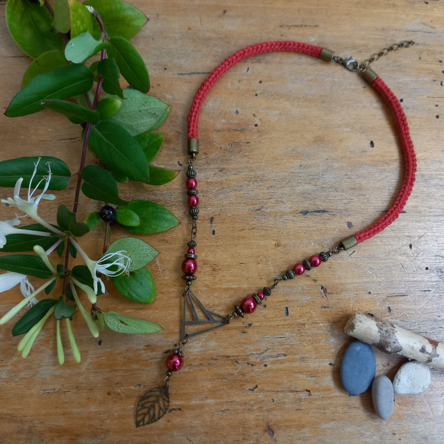 Parure rouge et bronze - Collier ras de cou Feuille