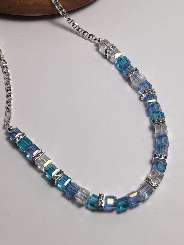 Turquoise,  sapphire and clear cube crystal sterling silver necklace 