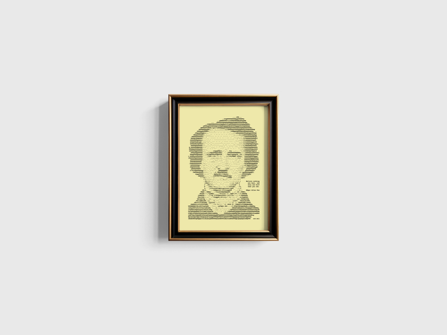 A4 Schreibmaschinen-Porträt Edgar Allan Poe mit Zitat in Schwarz auf Elfenbein