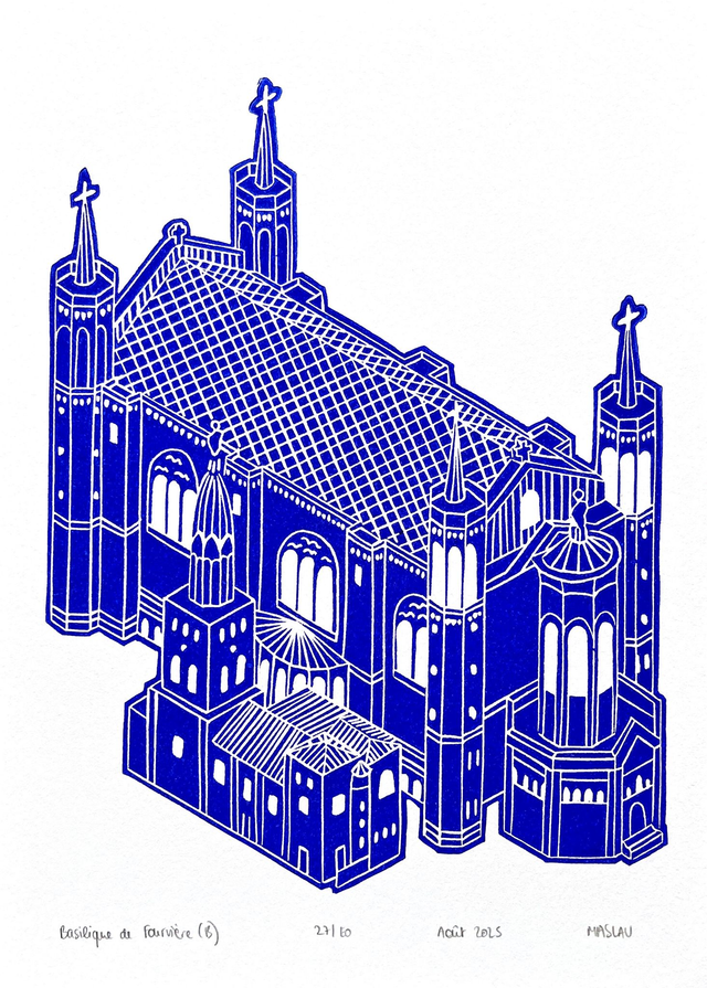 Basilique de Fourvière • Linogravure bleue 15 x 21 cm