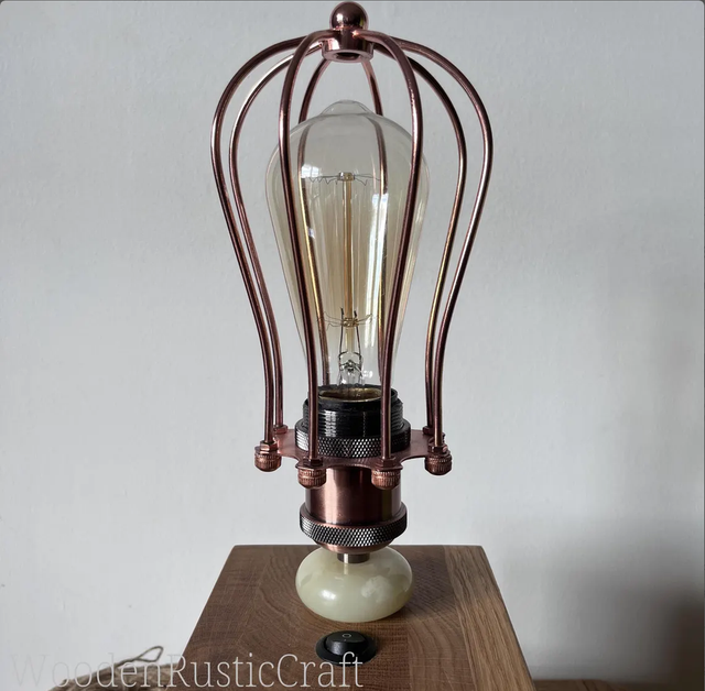 Large, Heavy Oak Cube Lamp with Metal Bulb Guard