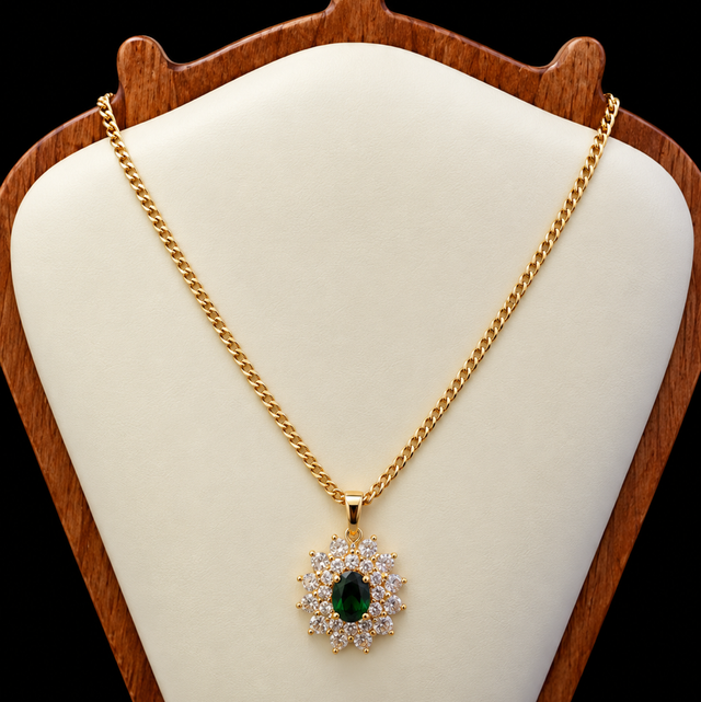 9ct Gold Figaro Link Chain With CZ &amp; Sapphire Pendant 