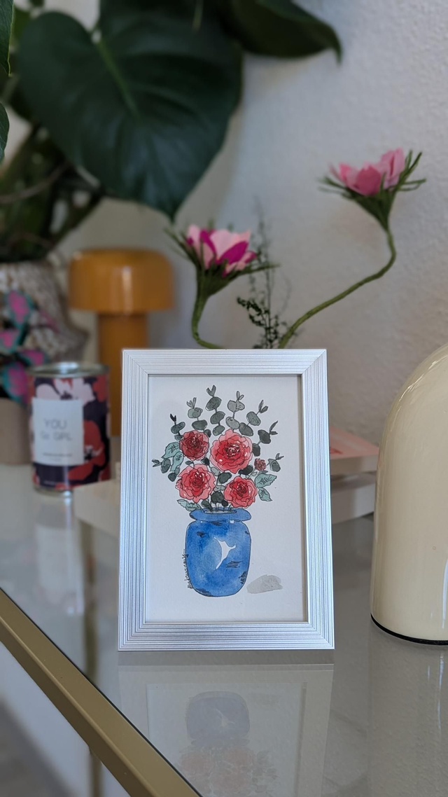 Aquarelle originale - Roses et eucalyptus - avec cadre 