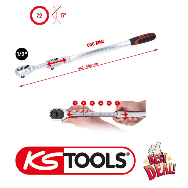 1/2" Teleskop-Umschaltknarre, extra lang, 72-Zahn