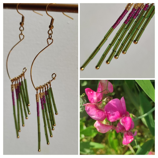 Boucles d'oreilles en perles de verre miyuki fushia,vert et or, acier inoxydable doré -sans nickel pièce unique 