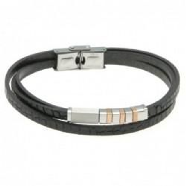 Bracciale uomo in pelle nera con inserti in acciaio 
