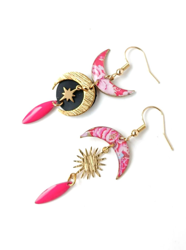 Boucles d'oreilles Asymétriques Upcyclées en Chambre à Air et Papier Recyclés - Lunaire