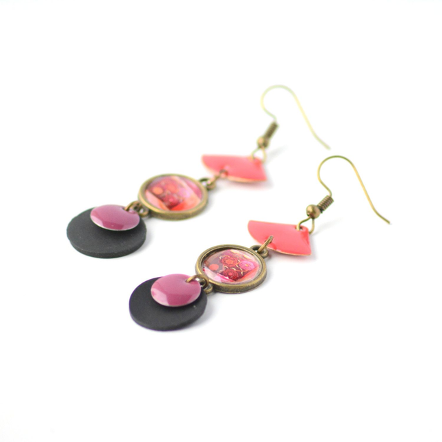 Boucles d&#039;Oreilles Upcyclées en Chambre à Air &amp; Papier Recyclé - Rose Indien