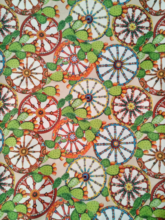 Tessuto siciliano misto, h 280 cm, con carretti siciliani e fichi d&#039;india