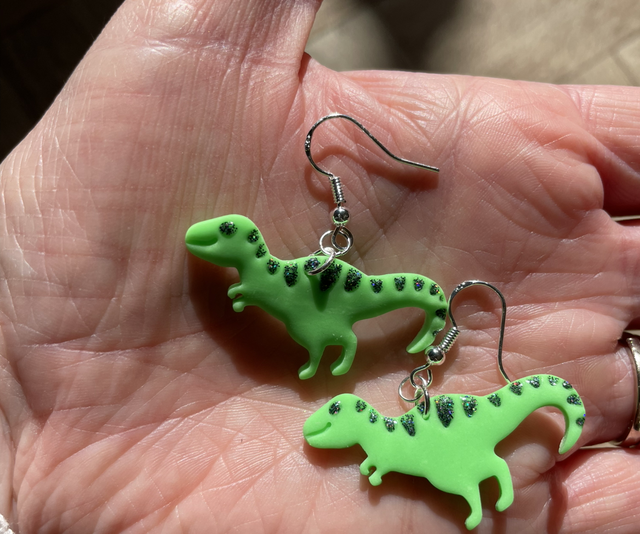 Green and grey T-Rex earrings 