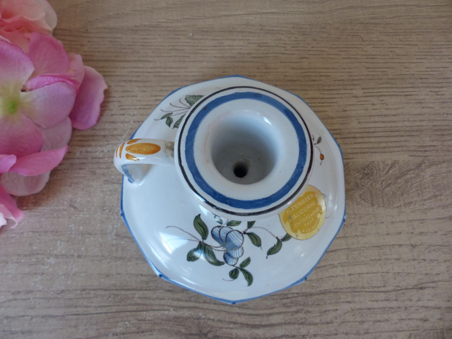 Bougeoir en faïence d'art de Malicorne signé Emile Tessier, Porte bougie peint main décoration floral pour la maison, décoration française