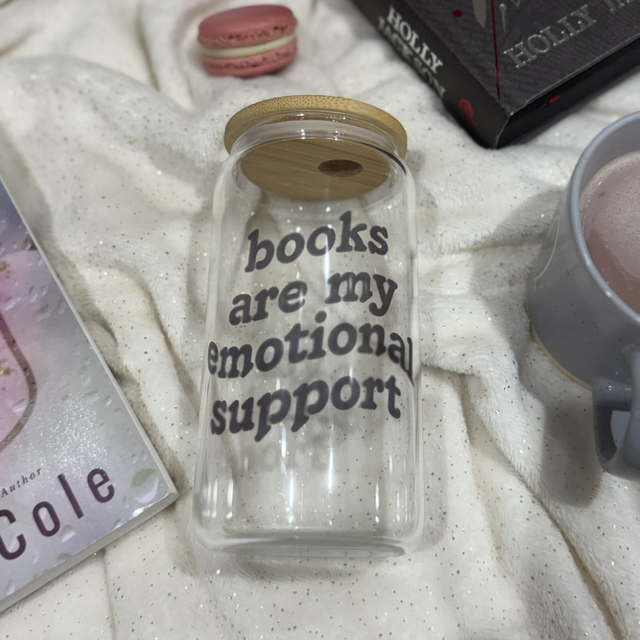 Books are my Emotional Support - Sublimated Glass Can with Bamboo Lid and Straw