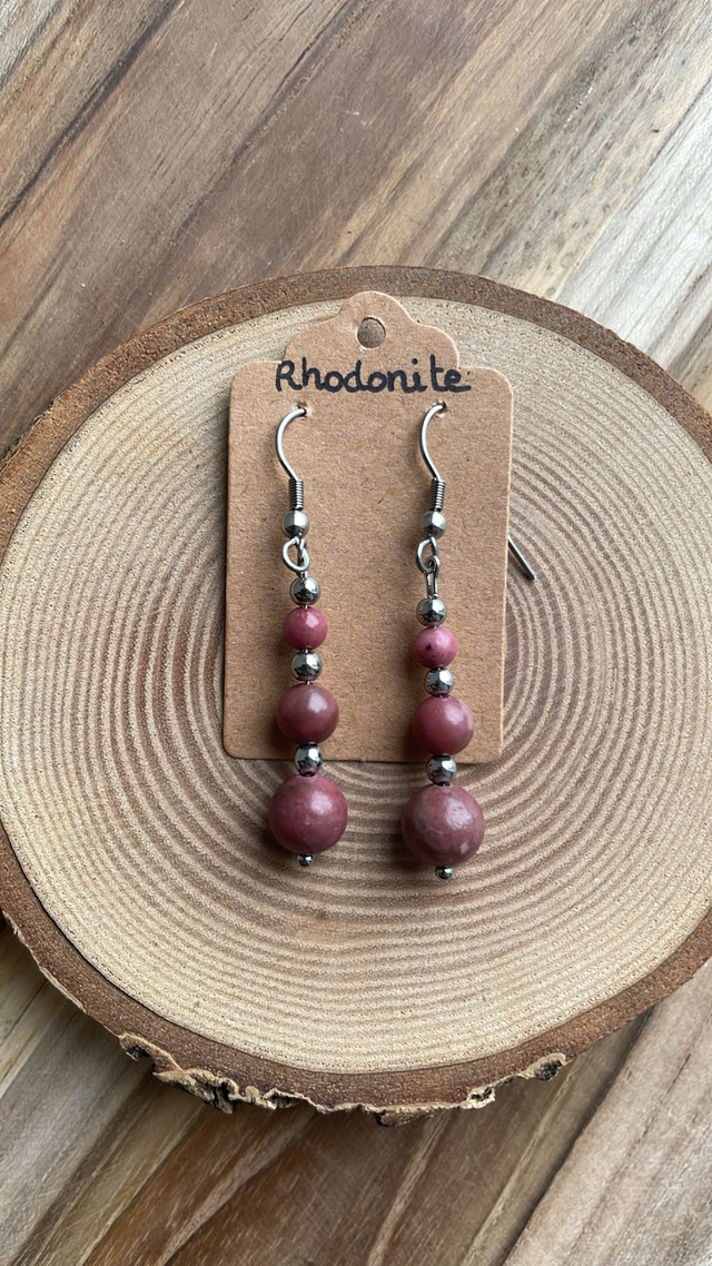 Boucles pendantes RHODONITE Acier inoxydable argenté