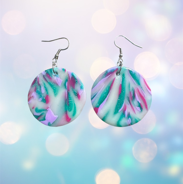 Large Round Teal/Purple Mix Polymer Clay Earrings