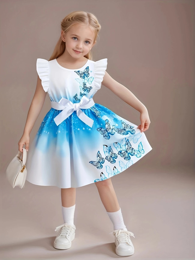 Girls' Fashion Round Neck Flutter Sleeve Ruffle Butterfly Placement Digital Print