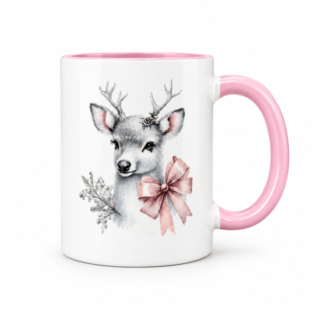 Pink Winter Wonderland Ceramic Mug | Wrap-Around Christmas Wildlife Design with Snowman, Owl & Reindeer