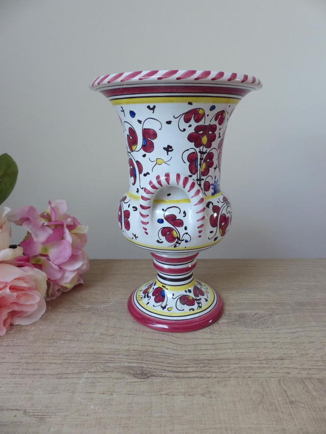 Vase en Céramique Coloré d’Italie Deruta l'Antica : Amphore aux Motifs de Fleurs et de Coq Rouge Peint Main Idéal Cadeau Décoration Maison