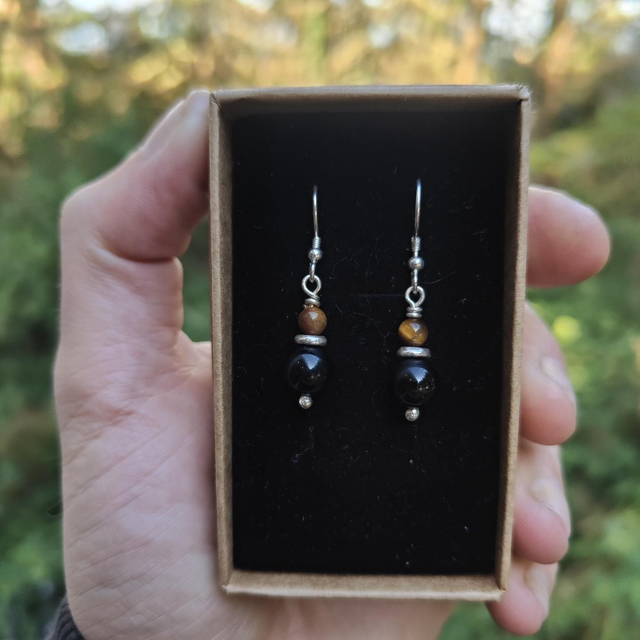 Boucles d&#039;oreilles &quot;Harmonie&quot; Double : Oeil de Tigre et Onyx 