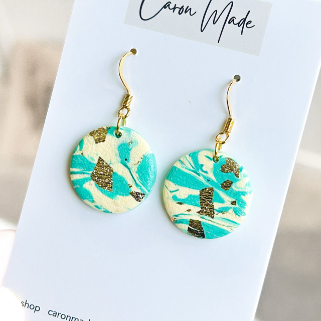Medium green and gold terazzo style earrings with gold hooks